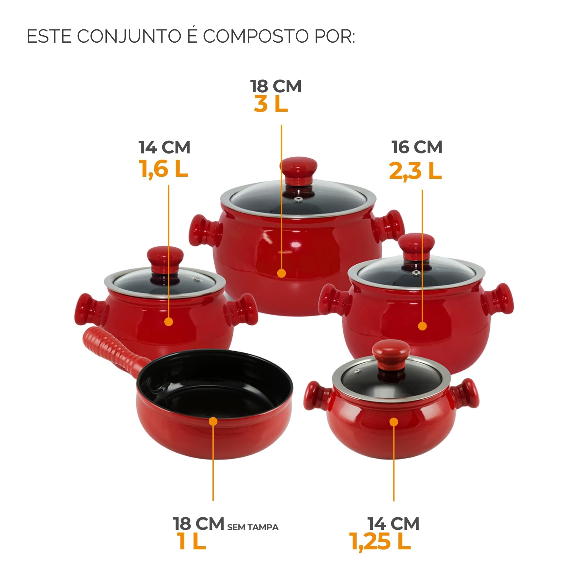 Conjunto de Panelas de Cerâmica Premiere Joy, 5 Peças, Pomodoro